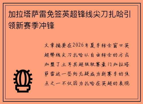 加拉塔萨雷免签英超锋线尖刀扎哈引领新赛季冲锋 加拉塔萨雷免签英超锋线尖刀扎哈引领新赛季冲锋