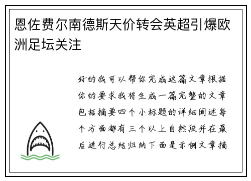 恩佐费尔南德斯天价转会英超引爆欧洲足坛关注